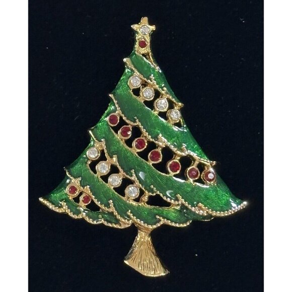 Christmas Tree Brooch Pin Green Enamel Scallop Branches Red Clear Rhinestones‎ - Picture 1 of 2